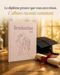 A graduation year album standing on a wooden table, with a black graduation cap and diploma scroll nearby. French promotional text appears at the top and bottom, and the album cover reads “Graduation 2026” with a simple line drawing of a graduate holding a diploma.