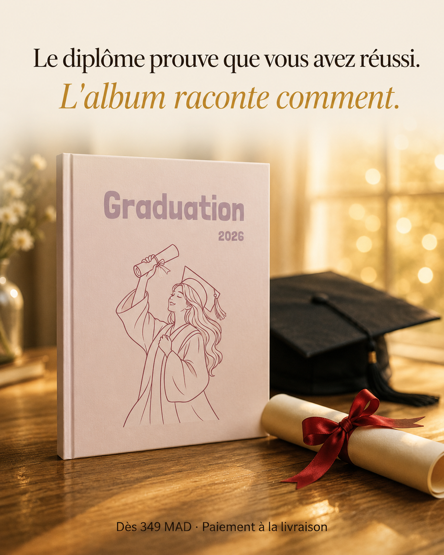 A graduation year album standing on a wooden table, with a black graduation cap and diploma scroll nearby. French promotional text appears at the top and bottom, and the album cover reads “Graduation 2026” with a simple line drawing of a graduate holding a diploma.
