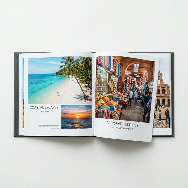 Album photo ouvert avec photos de voyage